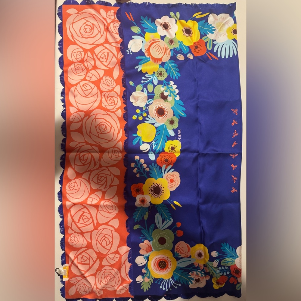 Blue and Orange Floral Chinese Silk Scarf
